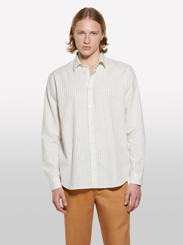 Beige striped linen blend shirt - men's regular fit shirts | Sisley