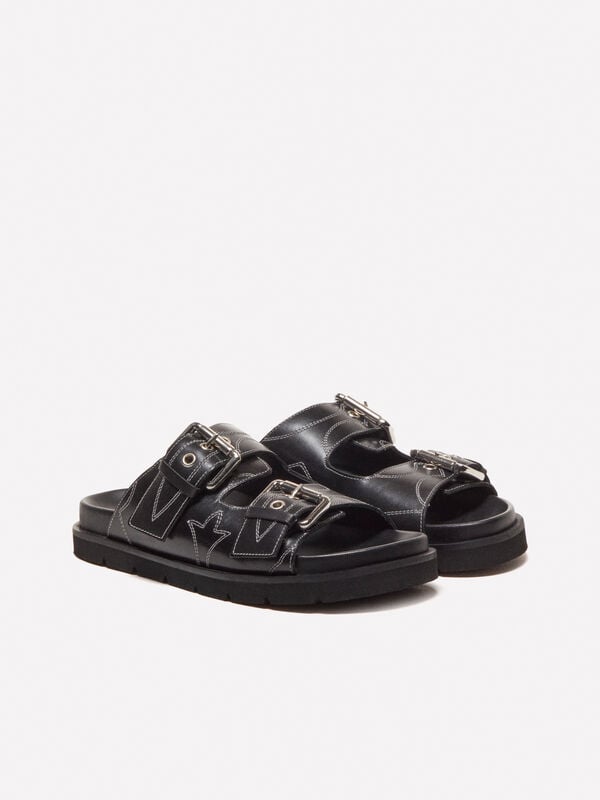 Black leather slippers with stitching - women's sandals and slippers | Sisley