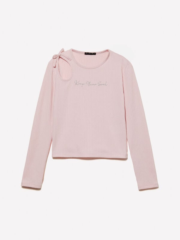 Pink ribbed t-shirt with embroidery and cut-out - girls' long sleeve t-shirts | Sisley Young