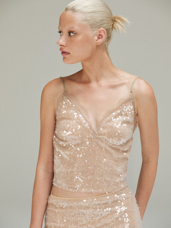 Sequined top with lace - women's tops | Sisley